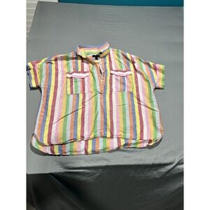 J.Crew Rainbow Candy Stripe Popover Short Sleeve Shirt Top Blouse 16 Linen Blend